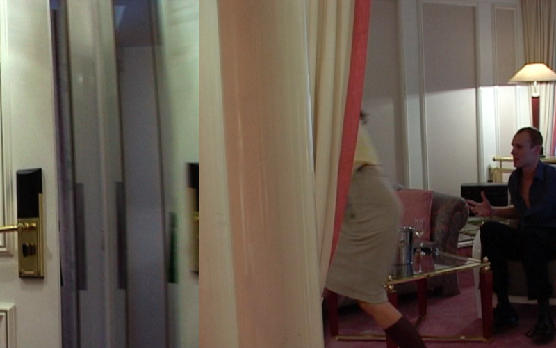 The image consists of three single film stills. They show a hotel room door, a seated, gesturing man and a woman running off.