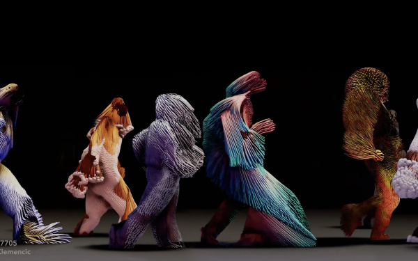 Human-like beings, made of colourful, fabric-like materials and fringes, walk in a row from left to right.